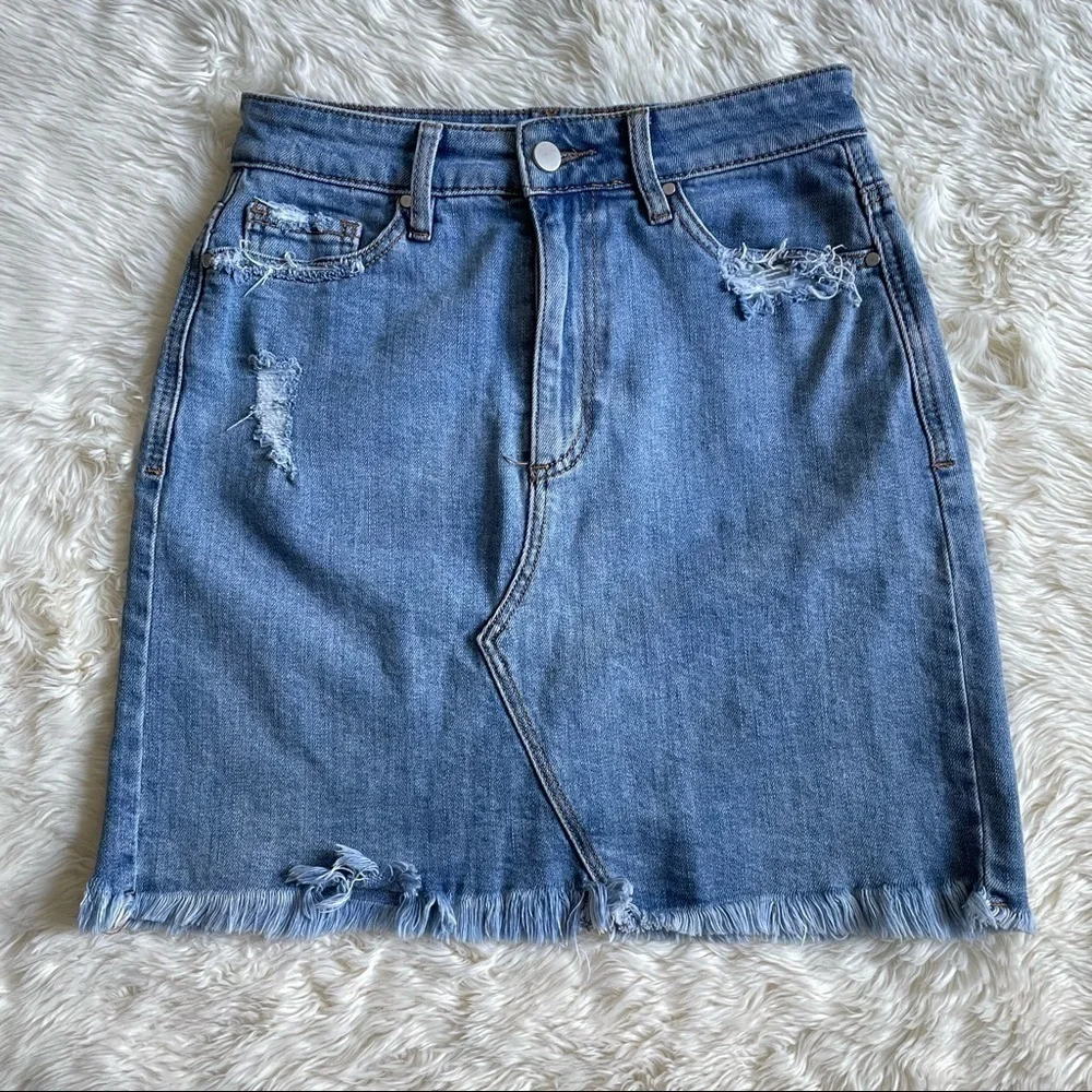 AFRM Skirt Denim Distressed Raw Hem Light Wash 28